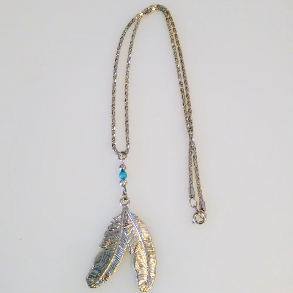 Blue and Silver Feather Pendant Necklace